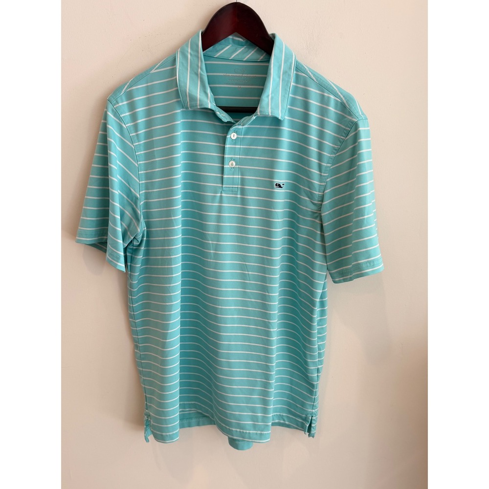 Vineyard Vines Performance Polo Shirt Mens Medium Aqua Blue White Striped Golf